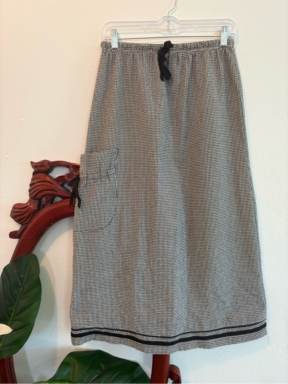 Vintage Tom Tom Black and White Gingham Cotton Blend Maxi Skirt Elastic Waist